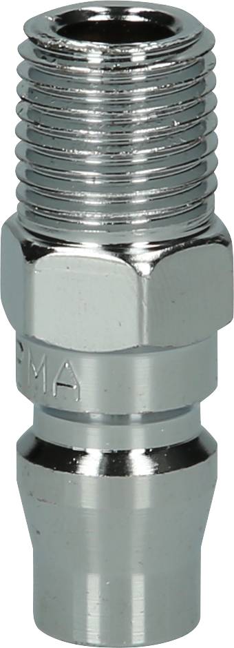 Ein verchromter Stecknippel für Druckluft, mit Gewindeanschluss und glatter Oberfläche, verwendet in Pneumatiksystemen.