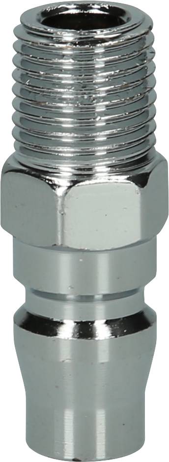 Metallischer Schlauchadapter mit Außengewinde, glänzendem Finish und konischer Form. Verwendet für sichere Schlauchverbindungen in Industrieanwendungen.