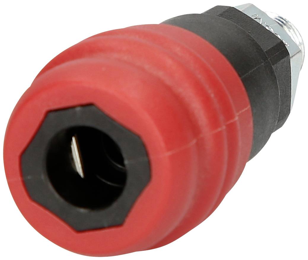 Roter und schwarzer Gummikupplungsstecker für elektrische Verbindungen, mit sechseckigem Metallanschluss am Ende.