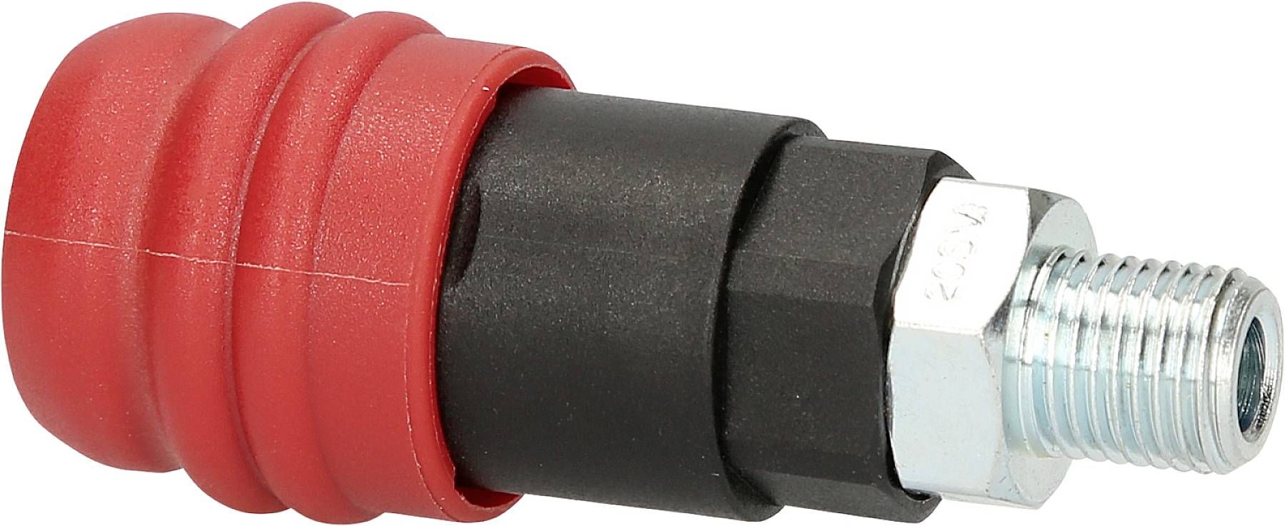 Ein roter Hydraulikkupplungsstecker mit einem schwarzen Mittelteil und einem metallischen Schraubgewinde auf der rechten Seite.