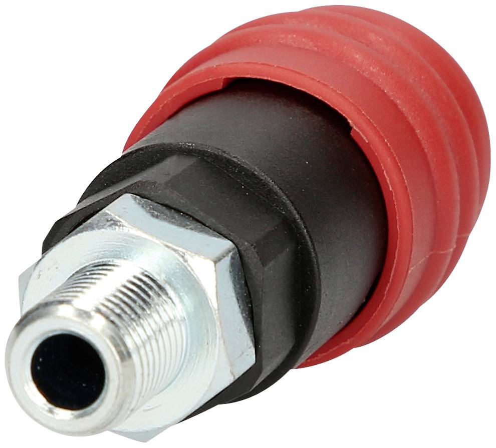 Roter und schwarzer Metallanschluss, möglicherweise ein Luftschlauch- oder Rohrverbinder, mit Gewinde und geriffeltem Griff.