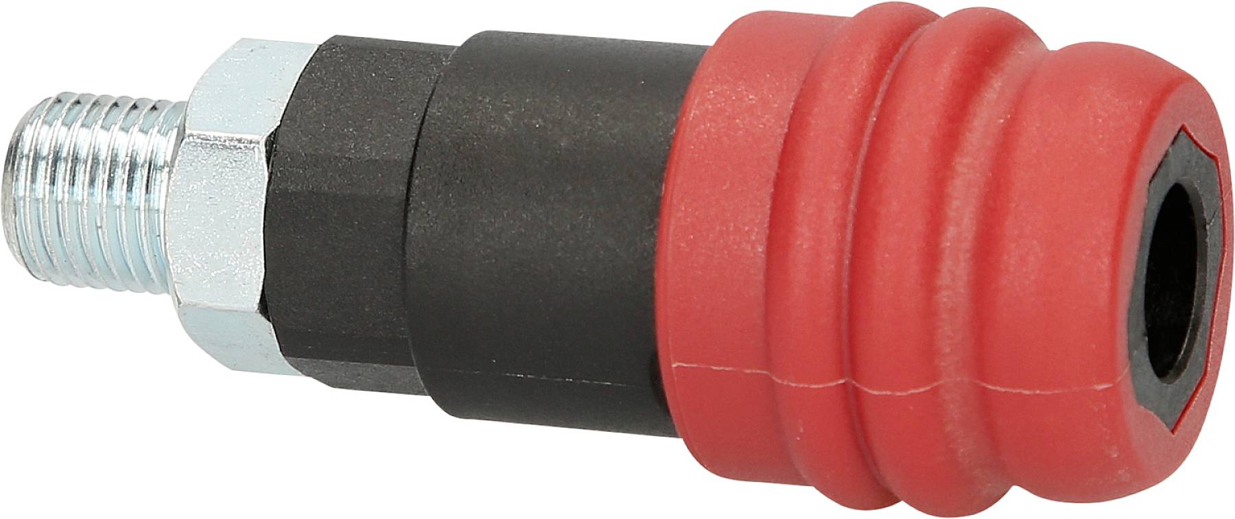 Eine Kupplung mit roter Schutzkappe und Metallgewinde, geeignet für Druckluftsysteme.