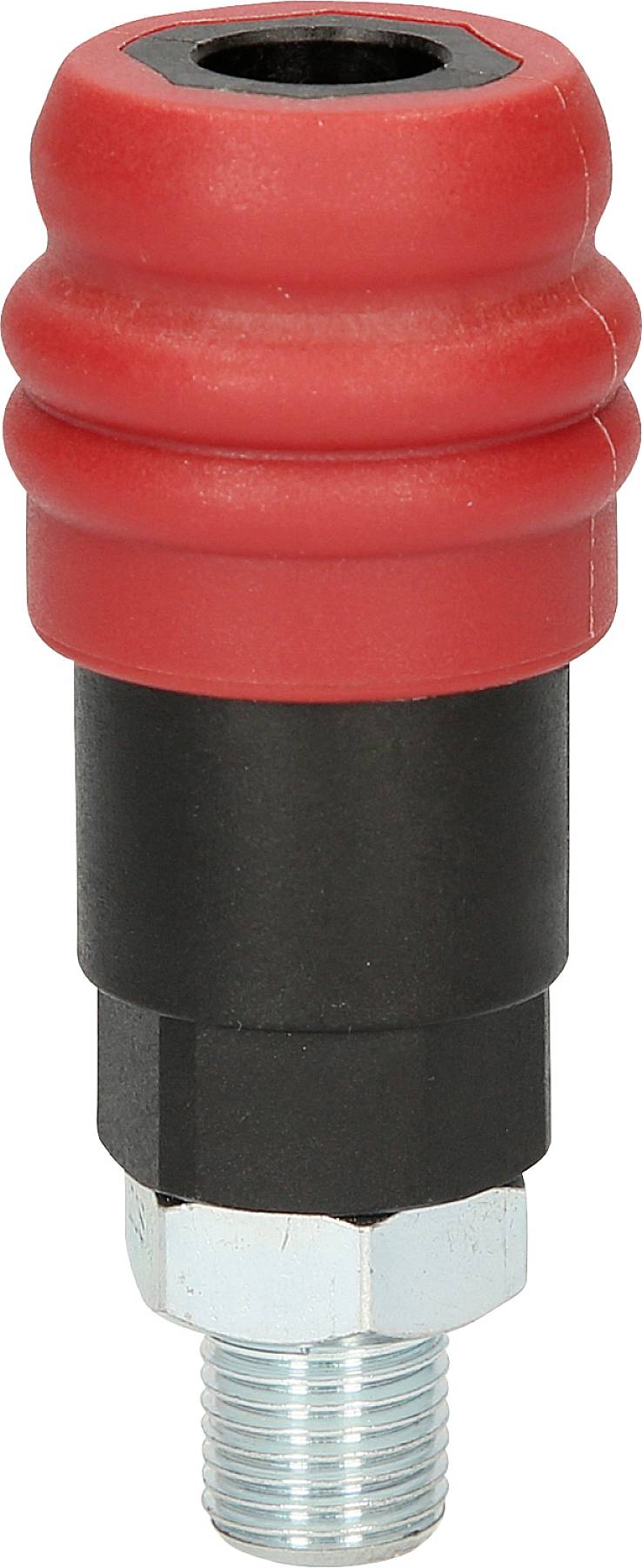 Ein rotes und schwarzes mechanisches Bauteil mit Metallgewinde, möglicherweise ein Stoßdämpfer oder Dämpfungselement.