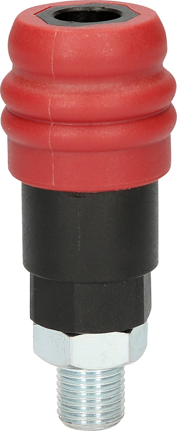 Ein rot-schwarzes Maschinenteil mit Metallgewinde, möglicherweise ein Adapter oder Kupplungsstück.