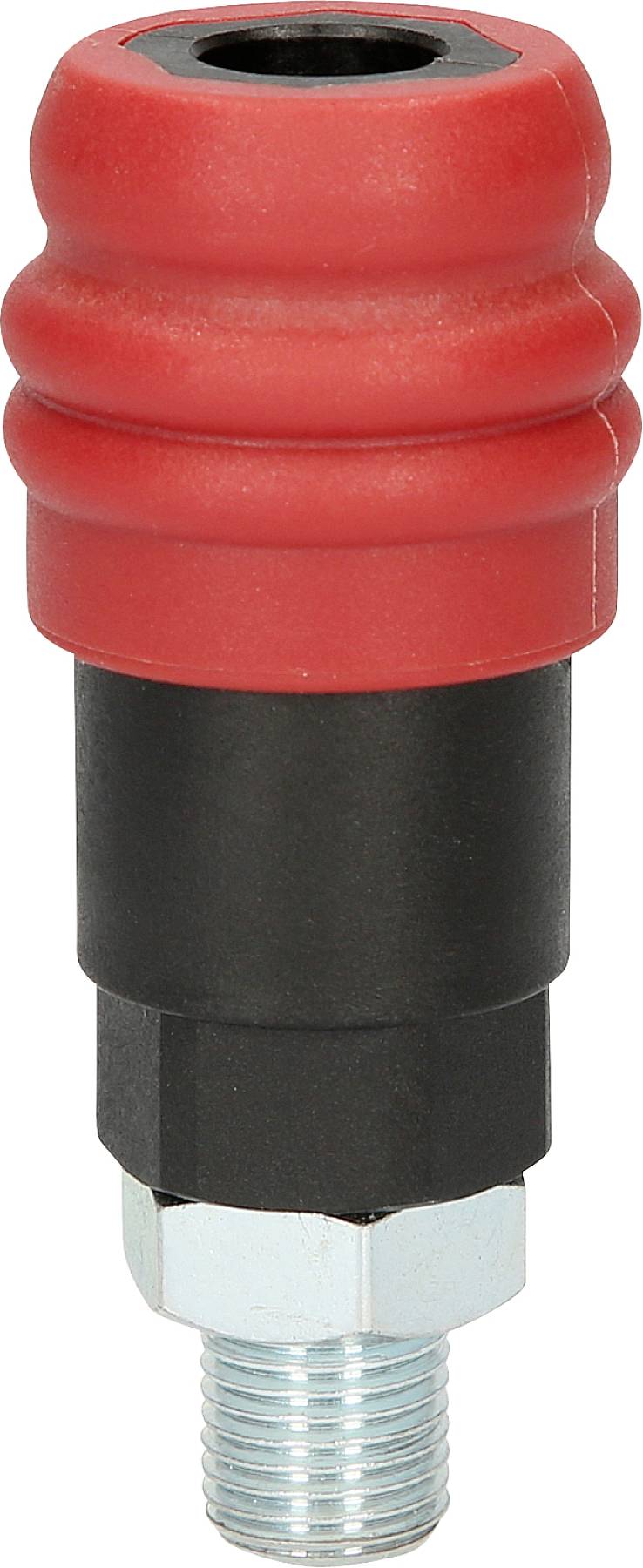 Ein roter und schwarzer Pneumatikanschluss mit Einlassventil und Außenanschlussgewinde.