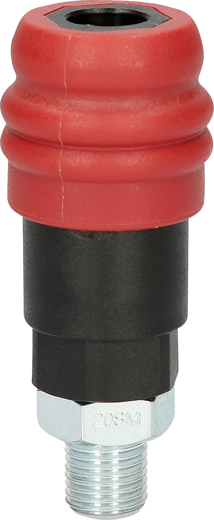 Hydraulikkomponente mit rotem, geripptem Kunststoffkopf und schwarzem Mittelteil, unten mit metallischem Anschlussgewinde.