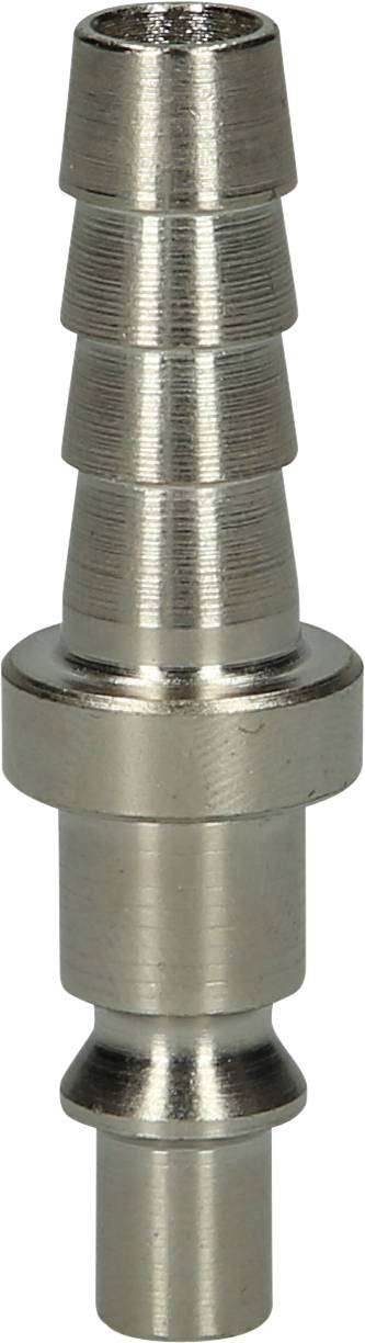 Ein metallischer Fitting mit mehreren abgestuften Rillen, wahrscheinlich für den Einsatz in Schlauchsystemen.