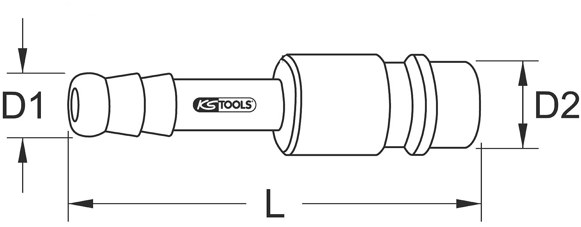 Technische Zeichnung eines Stecknippels mit den Maßangaben D1, D2, L. Markennamen 'KS Tools' auf dem Nippel.