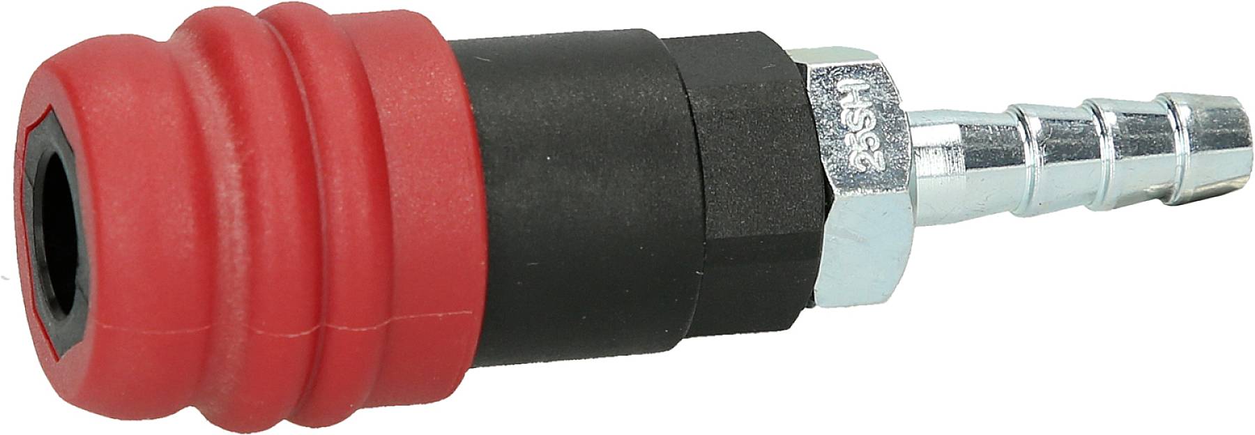 Ein roter und schwarzer Luftanschlussadapter mit Metallstutzen, geeignet für Druckluftschläuche und Verbindungen.