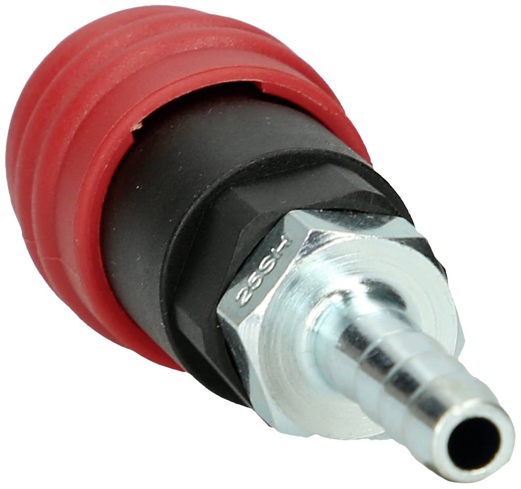 Ein Metall-Luftanschluss mit rotem Kunststoffgriff. Der Anschluss hat ein Gewinde für Verbindungen in Druckluftsystemen.