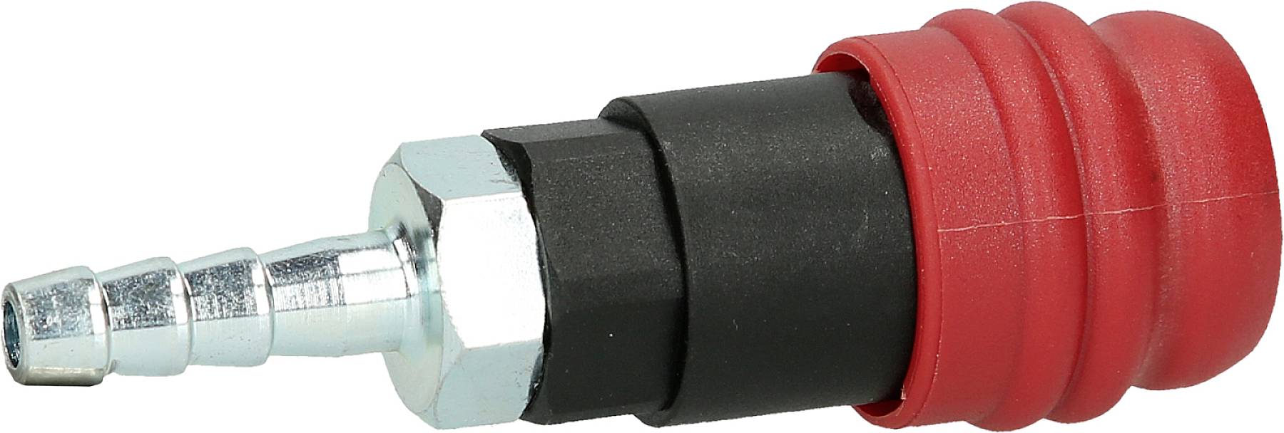 Ein pneumatischer Anschluss mit rotem Schutz, schwarzem Mittelteil und silbernem Stecker, der für Druckluftgeräte verwendet wird.