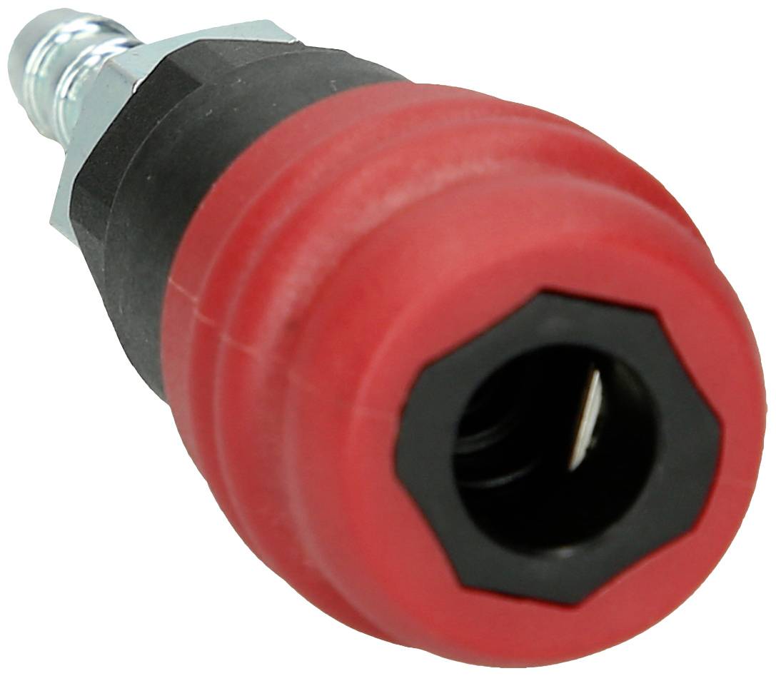 Druckluftkupplung mit rotem Schutzmantel, zylindrische Form, metallisches Anschlussstück. Geeignet für Druckluftsysteme.