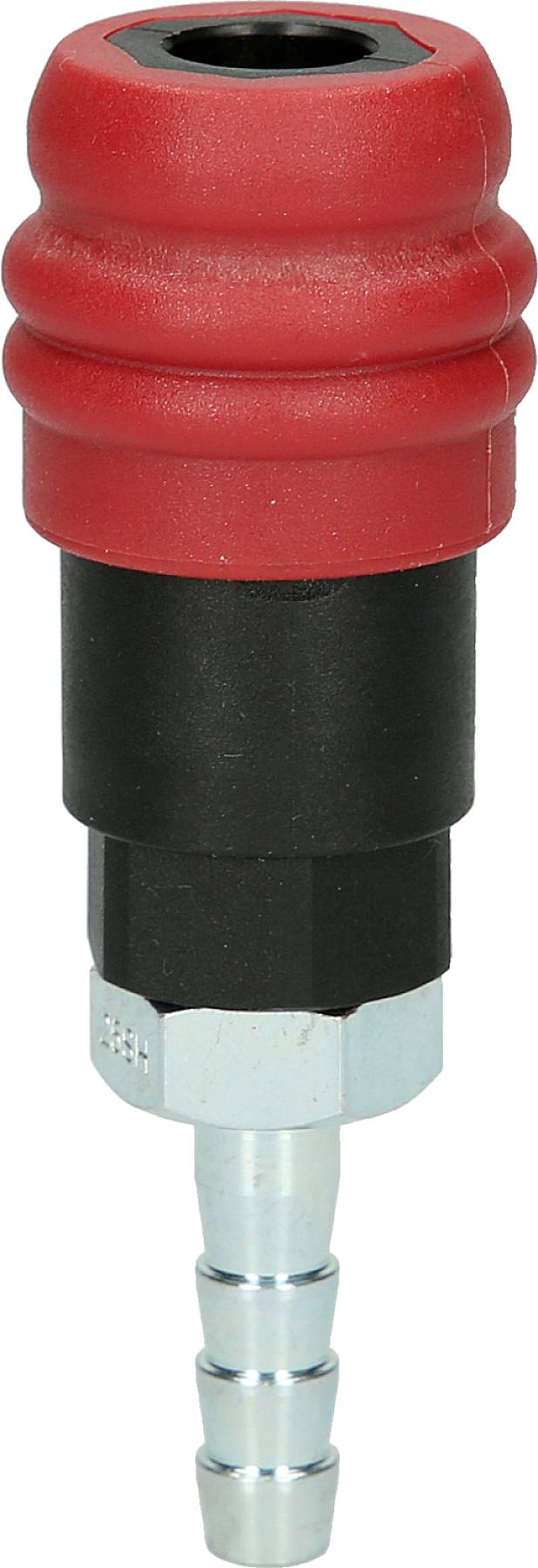 Ein rotes und schwarzes Schnellkupplungsstück mit metallischem Abschluss. Wird zur Verbindung von Schläuchen verwendet.