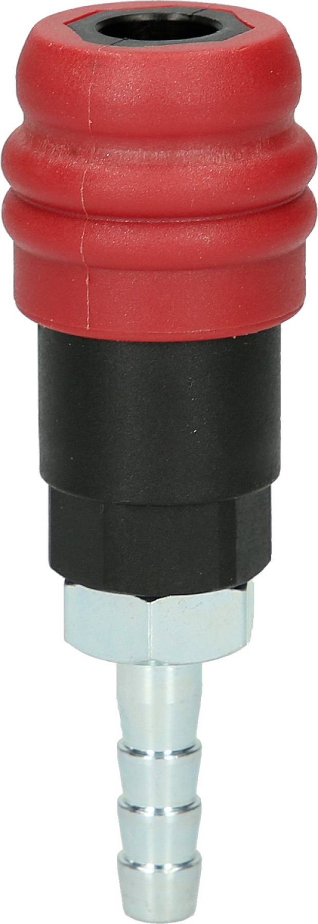 Ein roter Schnellkupplungsstecker mit einem schwarzen Mittelteil und einer metallischen unteren Verbindung, verwendet in Druckluftsystemen.