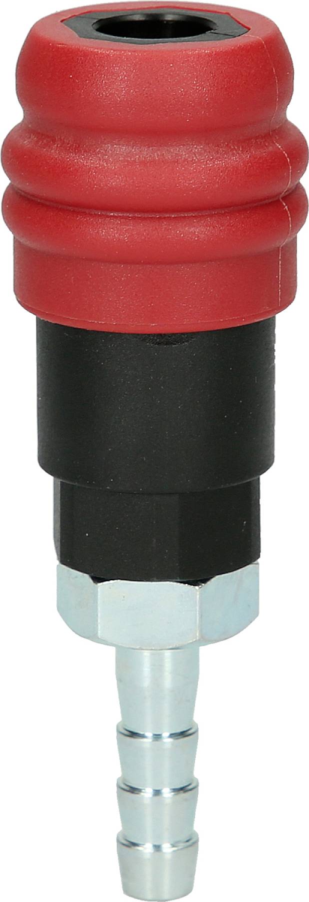 Ein roter Druckluft-Schnellkuppler mit schwarzem Mittelteil und silbernem Anschlussstück.