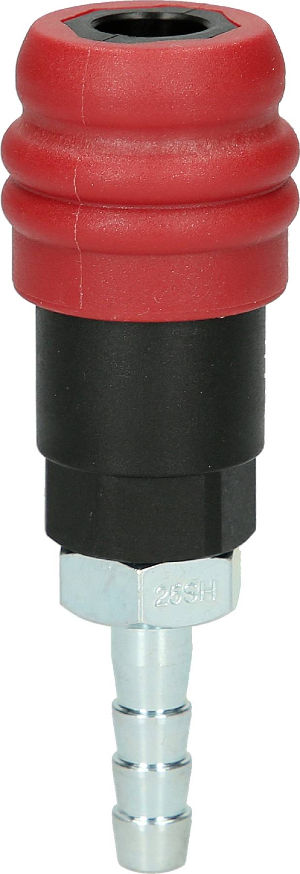 Ein roter und schwarzer Druckluftanschluss mit Metallgewinde, häufig verwendet in Werkstätten zur Verbindung von Schläuchen.