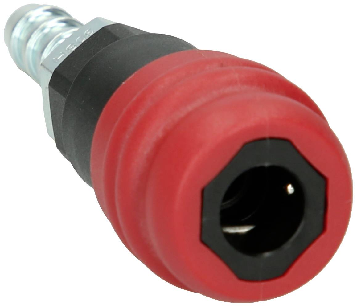 Ein roter Schnellkupplungsstecker für Druckluftleitungen aus Metall und Gummi, von oben betrachtet.