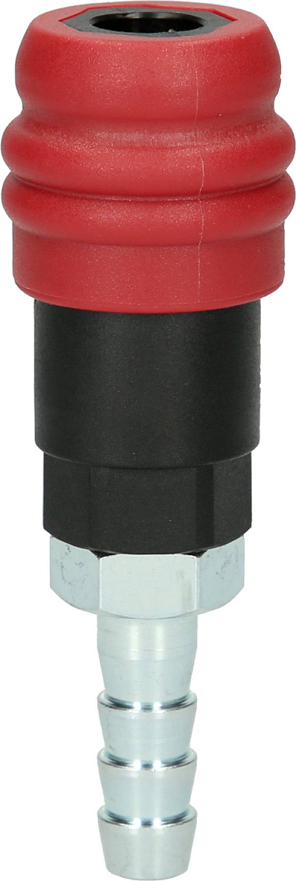 Ein roter und schwarzer Schnellkupplungsstecker mit metallischem Anschluss für Druckluftsysteme, vertikal ausgerichtet.