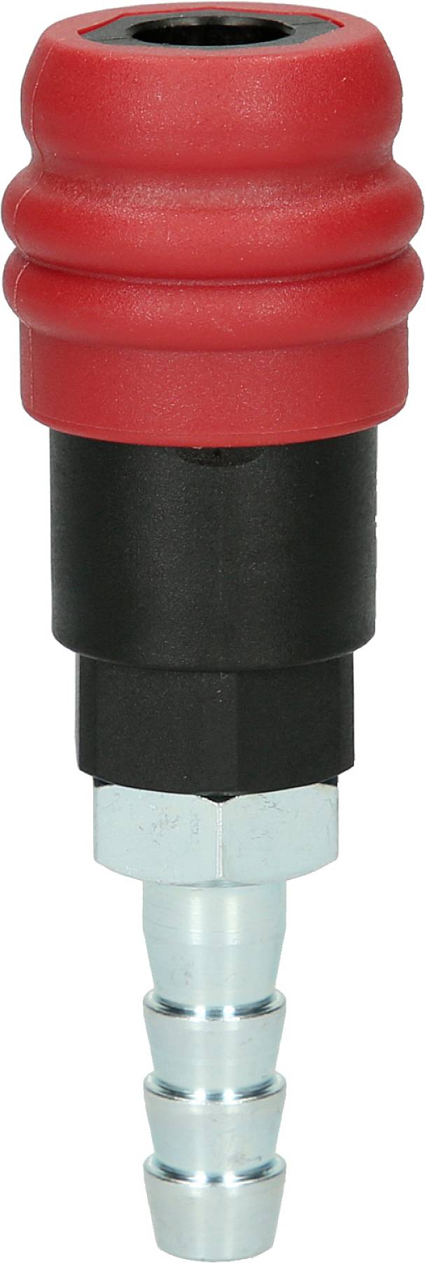 Ein roter, zylindrischer Luftkuppler mit schwarzem Mittelteil und metallischem Anschluss. Verwendung in Druckluftsystemen.