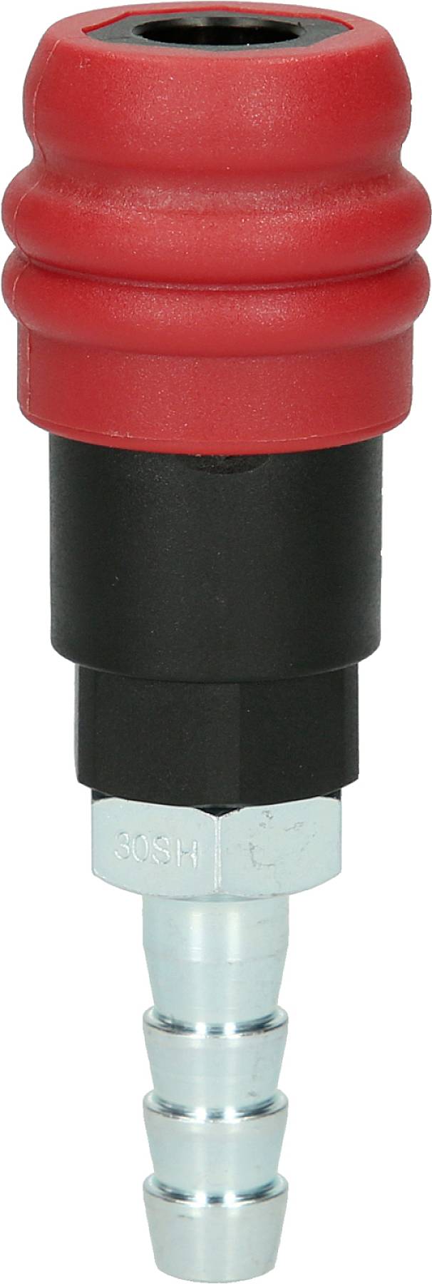 Roter und schwarzer Pneumatik-Schnellkupplungsstecker, geeignet für Druckluftsysteme.
