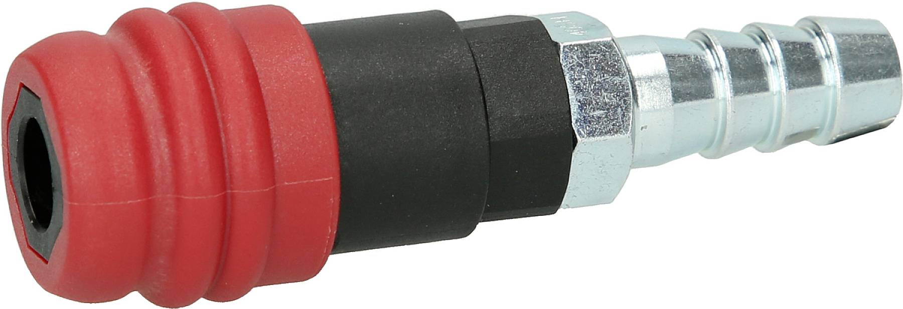 Ein pneumatischer Schnellkupplungsstecker aus Metall mit rotem und schwarzem Kunststoffgriff.