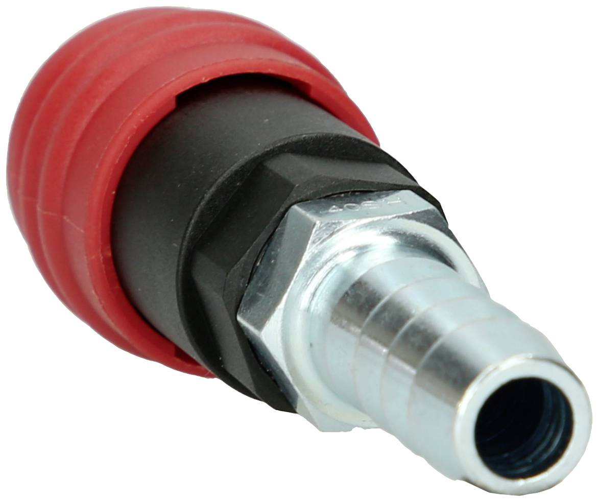 Ein Luftschlauchanschluss mit roter und schwarzer Kunststoffabdeckung sowie einem Metallgewinde zur Befestigung.