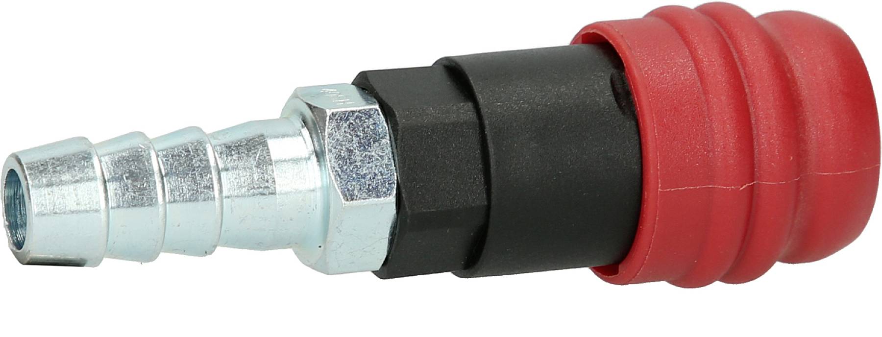 Abgebildet ist eine Metall-Schlauchkupplung mit rotem Kunststoffgriff.