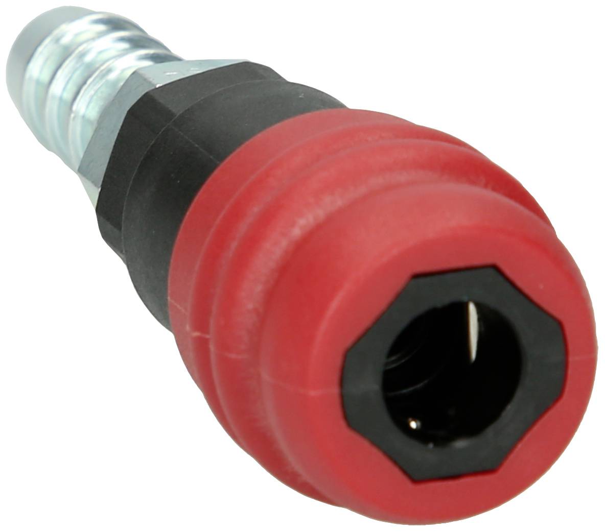 Metallischer Schlauchanschluss mit rotem, isolierendem Kunststoffüberzug. Eignet sich für Druckluft- oder Hydrauliksysteme.