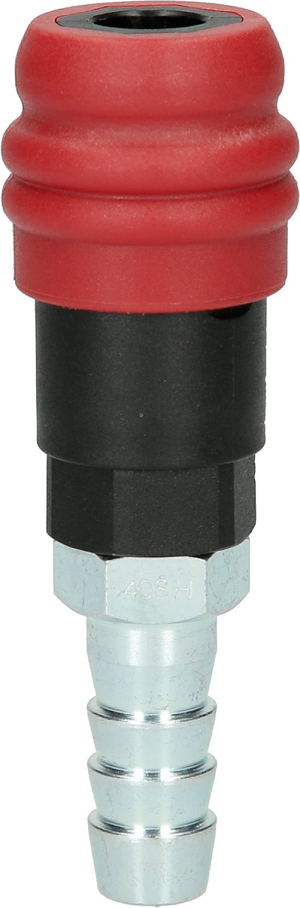 Roter und schwarzer Druckluft-Stecknippel aus Metall und Kunststoff, zylindrische Form, verwendet zum Verbinden von Druckluftschläuchen.