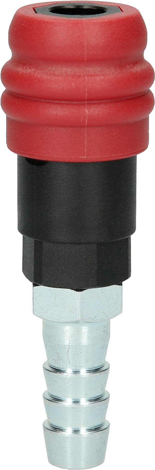 Ein roter Druckluft-Schnellkupplungsstecker mit Metallgewinde, verwendet für den schnellen Anschluss von Druckluftwerkzeugen und Schläuchen.