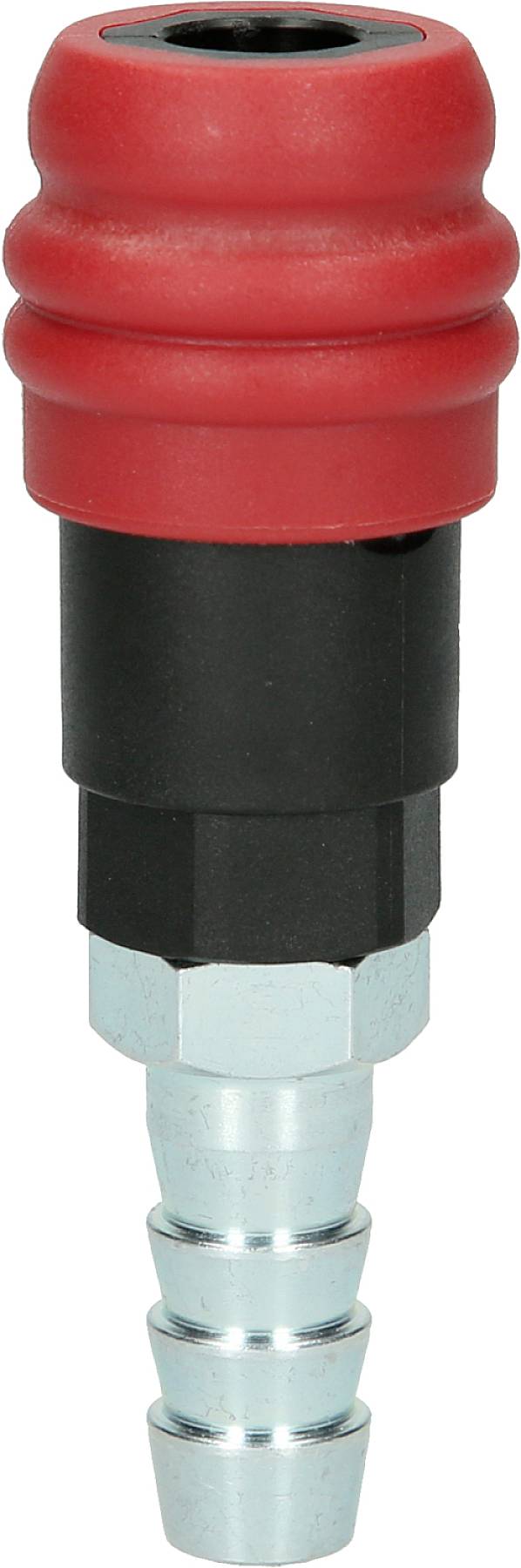 Ein Metallanschluss mit rotem und schwarzem Kunststoffüberzug, geeignet für den Anschluss von Schläuchen oder Werkzeugen.