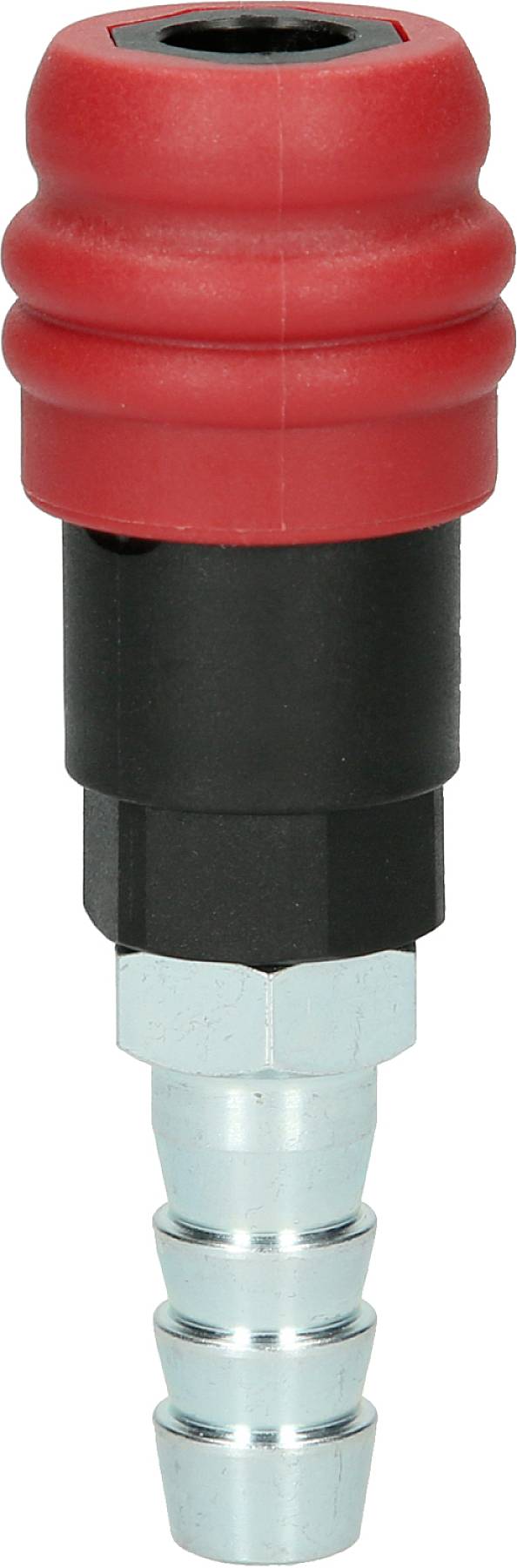 Roter Druckluft-Schnellkupplungsadapter mit schwarzem Mittelteil und silbernem Anschluss. Ideal zum schnellen Verbinden von Schläuchen.
