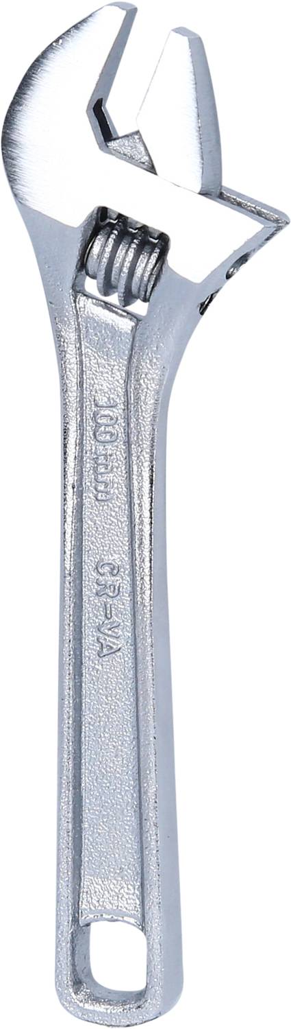 Ein verstellbarer Schraubenschlüssel aus Metall, geöffnet und einsatzbereit, aufrecht stehend, Kiefermechanismus gut sichtbar.