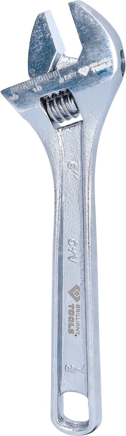 Ein verstellbarer Schraubenschlüssel aus Metall, hauptsächlich silbern, mit einer Skala zum genauen Einstellen der Maulweite.