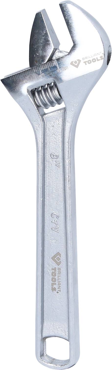 Silberner verstellbarer Schraubenschlüssel mit Logos geprägt auf Griff und Backe, geeignet zum Festziehen verschiedener Schraubengrößen.