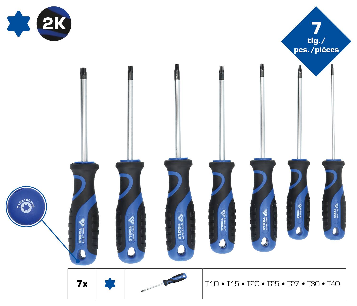 Satz mit sieben blauen Schraubendrehern verschiedener Größen, gekennzeichnet mit T10, T15, T20, T25, T27, T30 und T40.