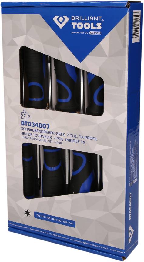 'Brilliant Tools' Schraubendreher-Satz, 7-tlg., TX Profil. Verpackung zeigt blaue und schwarze Schraubendreher in transparentem Fenster.