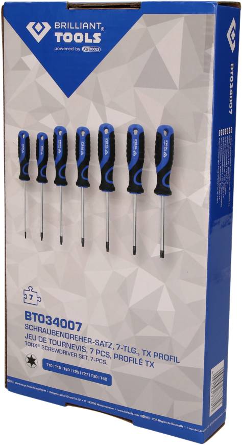 Verpackung eines Schraubendreher-Sets mit sieben Schraubendrehern, blau-schwarzes Design, Marke 'Brilliant Tools', Modell BT034007.