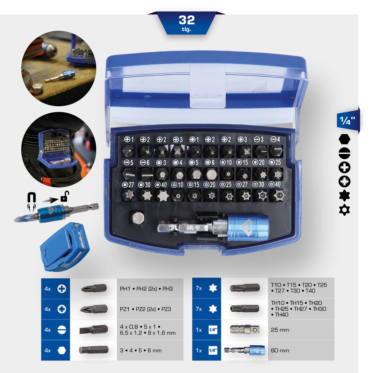 Satz mit 32 Schraub- und Bohrbits in blauem Etui. Enthält Kreuz-, Torx-, Innensechskant-Bits. Größen und Mengen bildlich dargestellt.