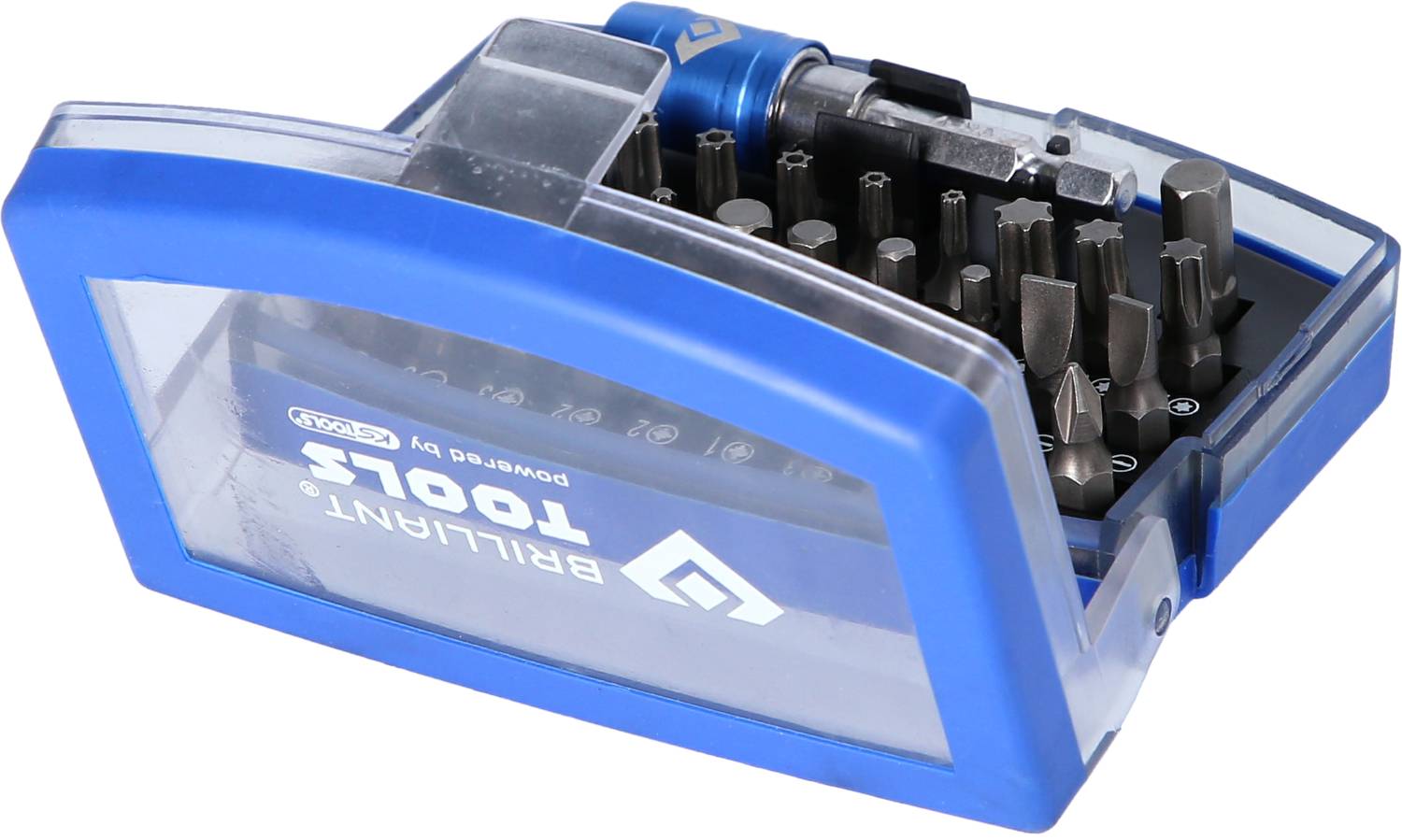 Ein blauer Plastikbehälter mit der Aufschrift 'Brilliant Tools' enthält verschiedene Schraubendreheraufsätze in verschiedenen Formen und Größen.