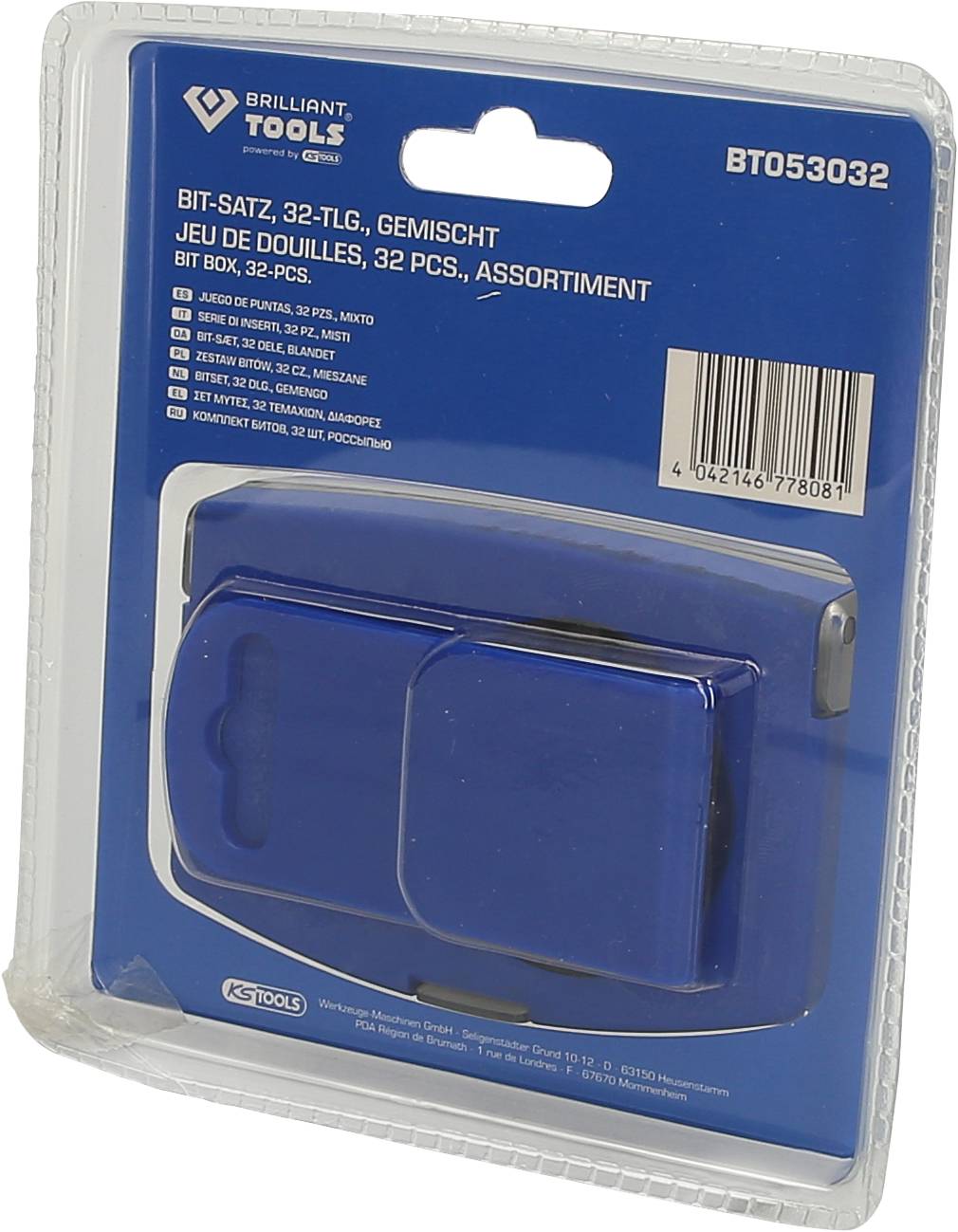 Blaue Verpackung mit einem Bit-Satz, 32-teilig, von Brilliant Tools, Modell BT053032. EAN-Code ist sichtbar.