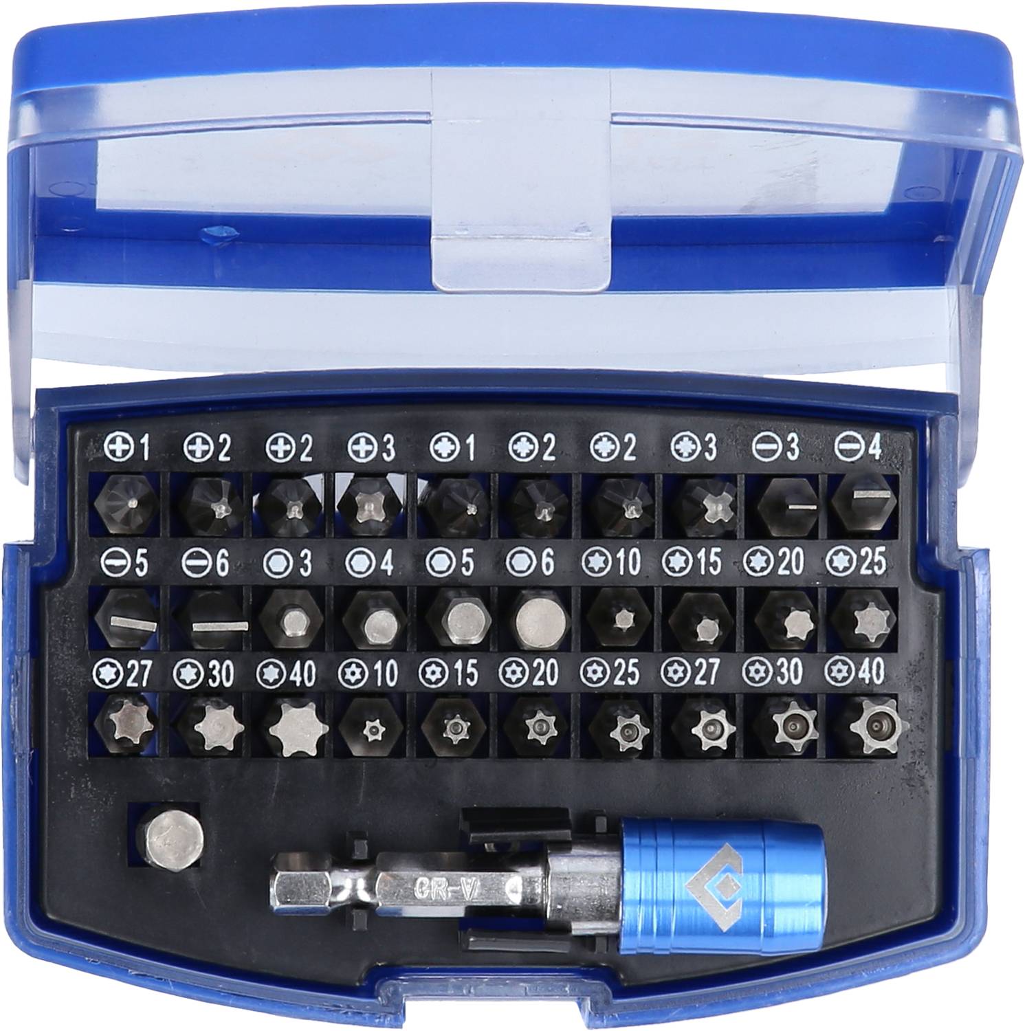 Satz mit 42 verschiedenen Schraubendreher-Bits in einer blauen Box, darunter Kreuzschlitz-, Schlitz- und Torx-Bits.