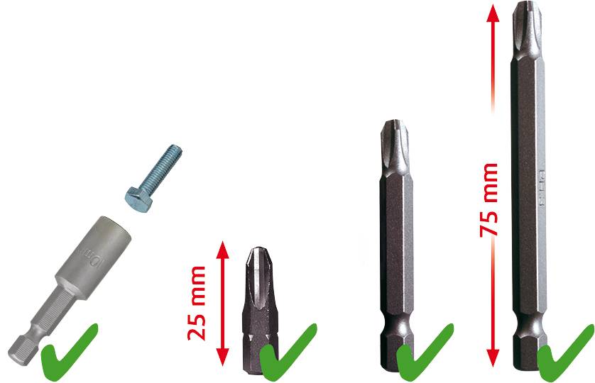 Drei Torx-Bits unterschiedlicher Länge, beschriftet mit 25 mm und 75 mm, daneben ein Schraubenkopf und ein magnetischer Bithalter.