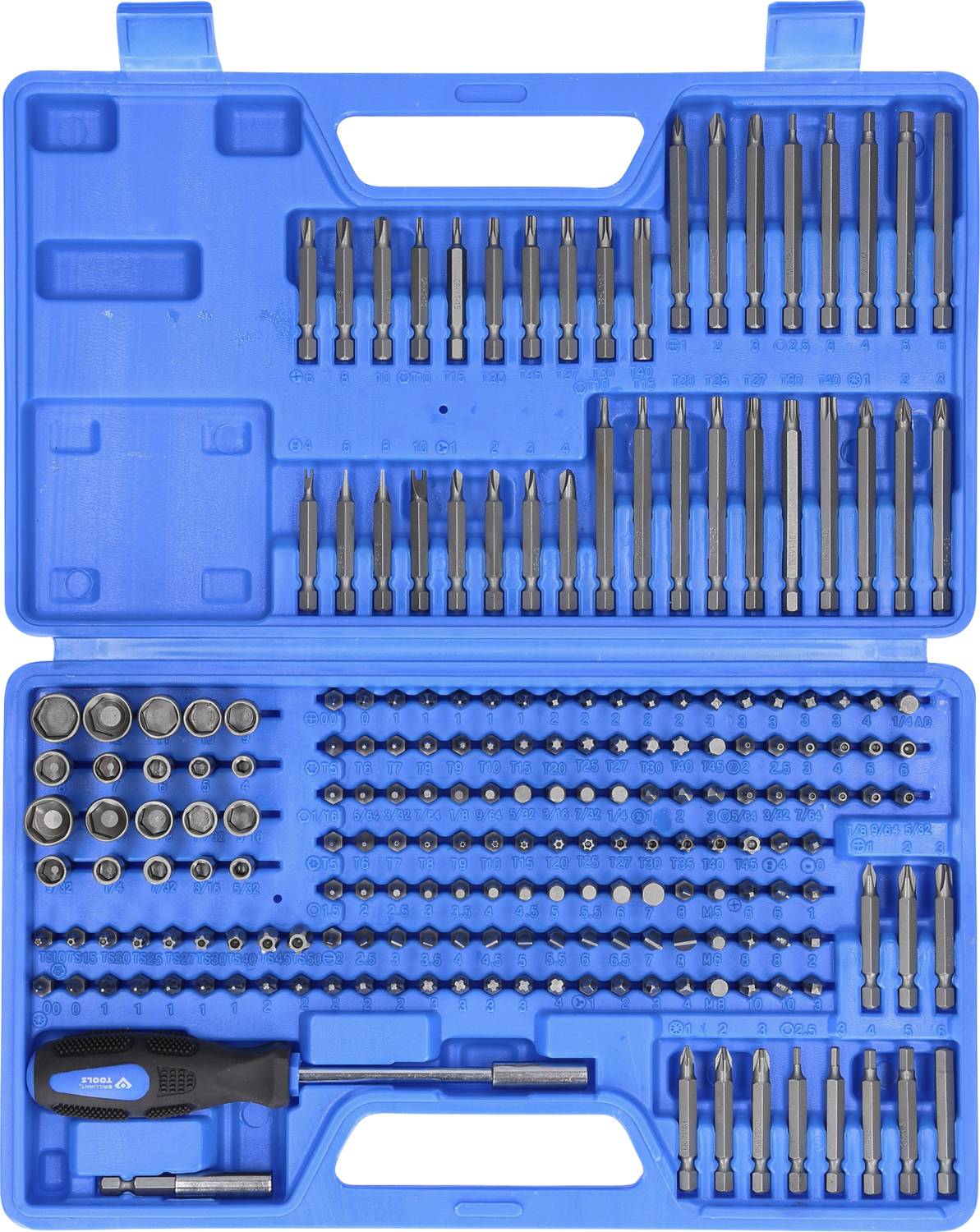 Blauer Koffer mit einem umfangreichen Set von Schraubendreherbits in verschiedenen Größen und Formen, inklusive Halter und Ratsche.