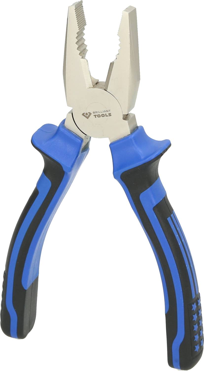 Eine blaue Kombinationszange mit schwarz-gummierten Griffen und gezackten Backen. Designed für Allzweck-Einsatz in Werkstätten.