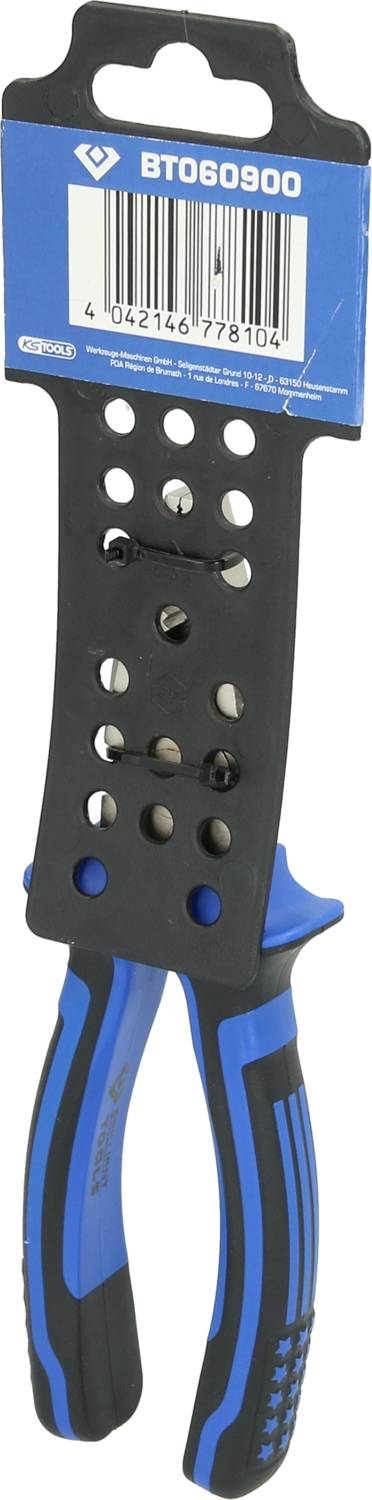 Zange in schwarzem und blauem Design, an einer Verpackung befestigt, zeigt Modellnummer und Barcode oben auf der Halterung.