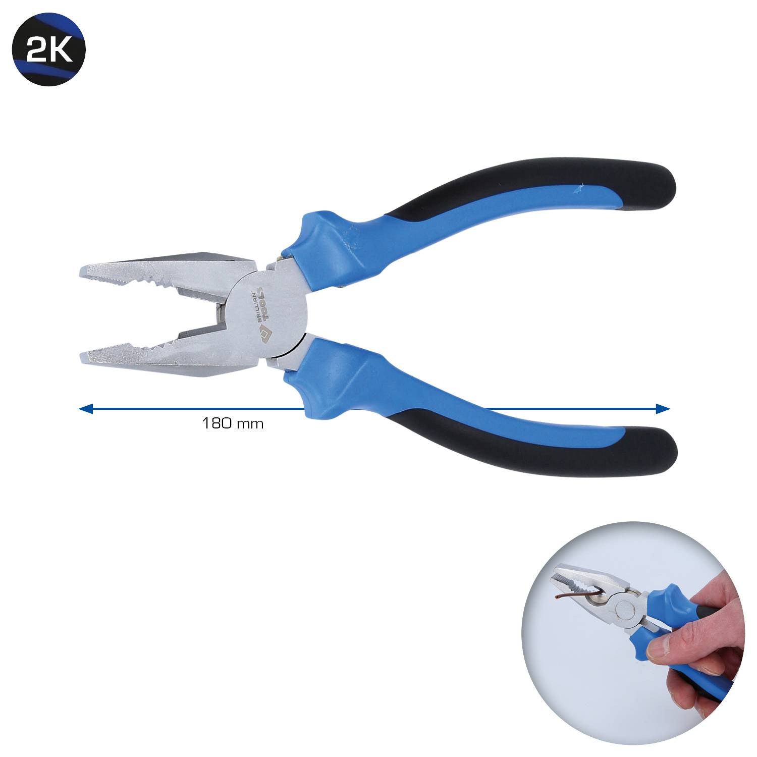 Eine blaue Kombizange mit schwarzen Griffen, 180 mm lang. Unten rechts eine Nahaufnahme, wo jemand die Zange hält.