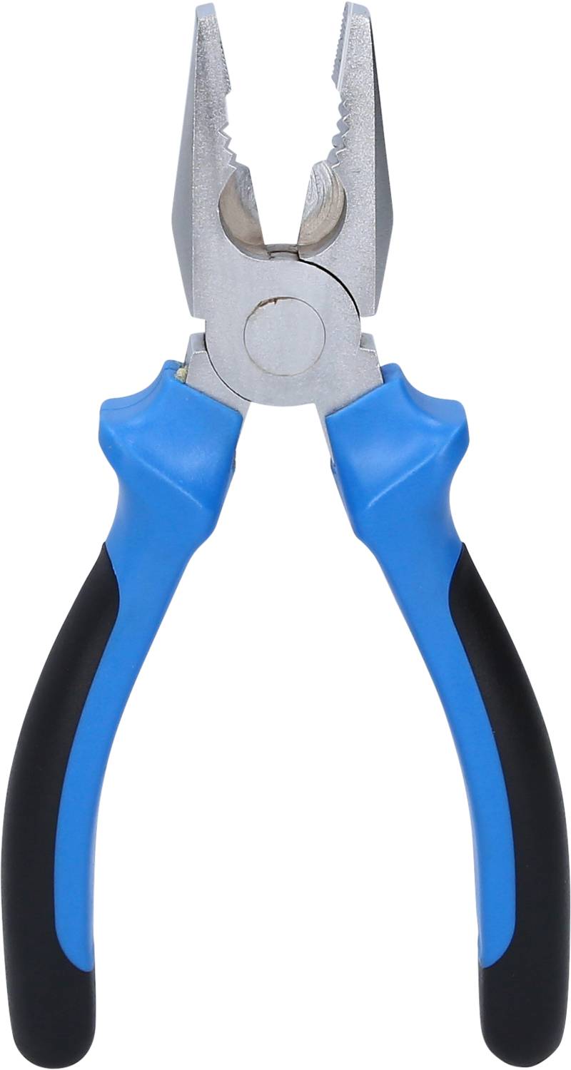 Eine blaue Kombizange mit schwarzen Griffen, geöffnet und auf einer weißen Hintergrundfläche liegend.