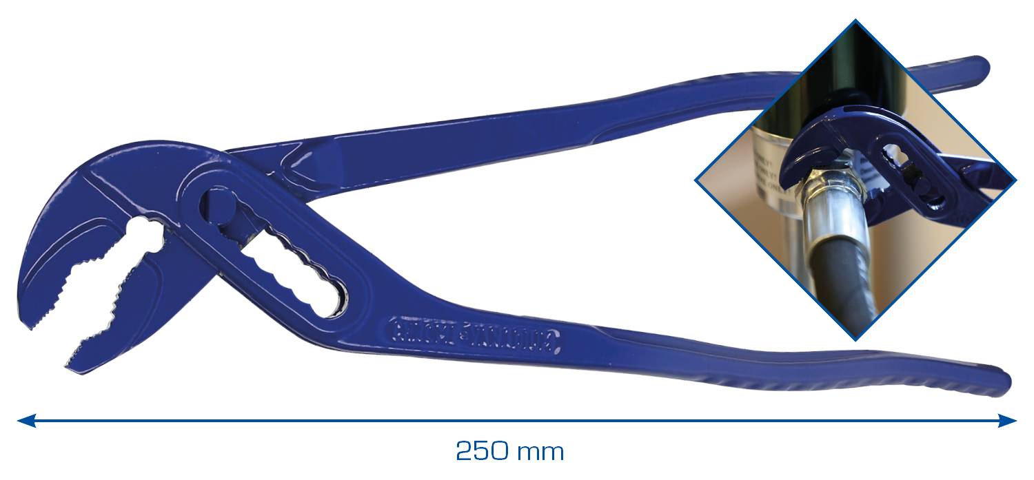 Blau lackierte Wasserpumpenzange mit 250 mm Länge, gezeigt im Einsatz an einem Rohr.