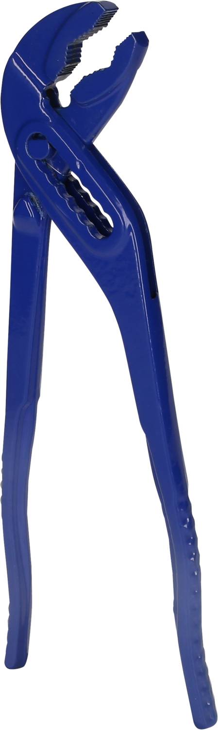 Zange in Blau mit gezackten Greifbacken, oft für Sanitärarbeiten verwendet.